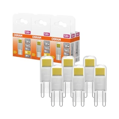 Abbildung von Osram LED PIN Lampe aus klarfarbenem Glas, mit 1.8 W für 200 lm, warmweißes Licht 2700 K, multicolor, Retrofit Stecksockel G9, CRI 80, EEK E, 15 mm Durchmesser, 6 Pack