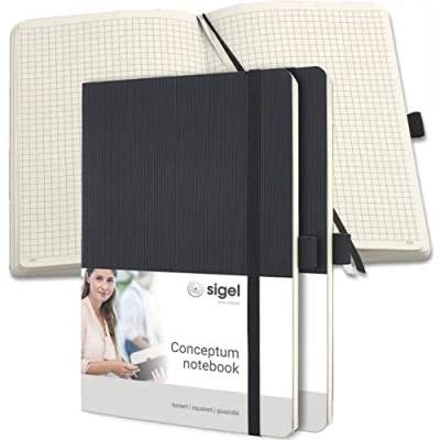 Abbildung von SIGEL CO320/3 Premium Notizbuch kariert, A5, Softcover, schwarz, 3er Pack, Conceptum mit Seitenzahlen, Inhaltsverzeichnis, Stiftschlaufe, Falttasche