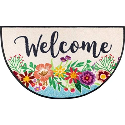 Abbildung von wash+dry by Kleen Tex Fußmatte »Round Welcome Blooming«, halbrund, 7 mm Höhe, Schmutzfangmatte, Motiv Blumen, mit Spruch, rutschhemmend, waschbar