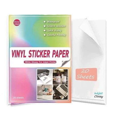 Abbildung von Sticker Papier zum bedrucken A4 Glänzend Weiß 20 Blätter，Wasserfester Vinylaufkleber für Inkjetdrucker und Laserdrucker Inkjet Etiketten Selbstklebendön &amp; Trocknet Schnell