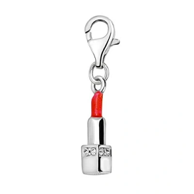 Abbildung von Quiges Charm Anhänger Weiß Zirkonia und Rot Emaille 3D Lippenstift 925 Silber mit Karabinerverschluss für Bettelarmband