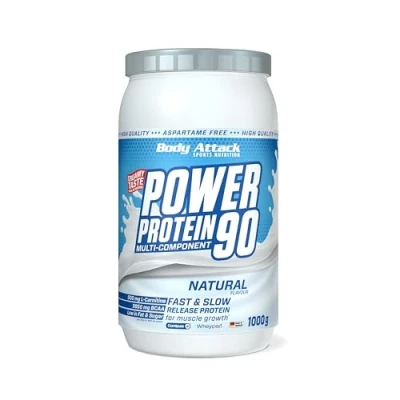 Abbildung von Body Attack POWER Protein 90 Neutral 1kg Dose Mehrkomponenten Pulver, Made in Germany Mit BCAA, Vitaminen &amp; L Carnitin Shake extra cremiger Geschmack, gute Löslichkeit