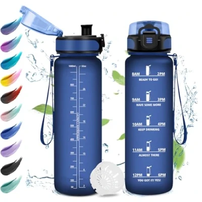 Abbildung von Sport Trinkflasche 1L, Auslaufsichere Wasserflasche mit Filter, Zeitmarkierung, Kohlensäure Geeignet, Sportflasche für Gym, Schule, Erwachsener, Outdoor, Camping, Yoga