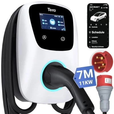 Abbildung von Tera Smart EV Ladegerät Typ 2 Wallbox mit APP 11kW 16A 400V CE&amp;TÜV WLAN &amp; Bluetooth 7m Ladekabel Ladegerätehalter Heim CEE 3 Phasen Stecker für EVs PHEV W01 Weiß