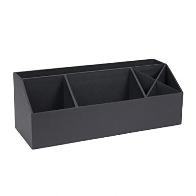 Abbildung von BIGSO BOX OF SWEDEN ELISA Schreibtisch Organizer mit 4 Fächern Ordnungssystem für Zettel, Büroklammern, Stifte usw. Sortierkasten aus Faserplatte und Papier in Leinenoptik dunkelgrau