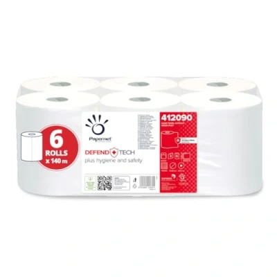 Abbildung von Papernet Defend Tech Autocut Rollenhandtuch 412090, mit antibakterieller Formel, 6 Rollen reines Zellulosepapier, 2 Lagen