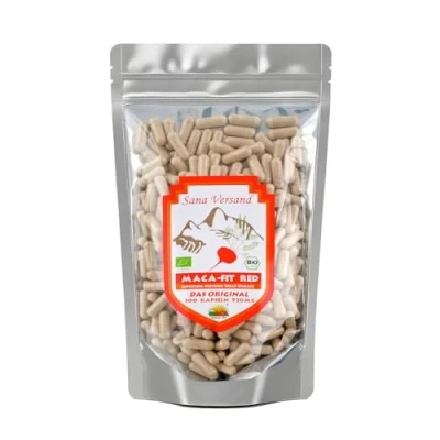 Abbildung von Maca Fit Red 300 Kapseln Original aus Peru Junin Bombon Zertifiziert, reines rotes Pulver, rein pflanzlich ohne Zusatzstoffe