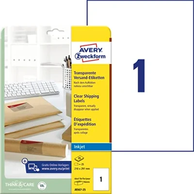 Abbildung von AVERY Zweckform J8567 25 Versandetiketten/Versandaufkleber (25 Etiketten, 210x297mm auf A4, bedruckbar, selbstklebend, für Inkjet Drucker, Pakete und Päckchen) Blatt, transparent