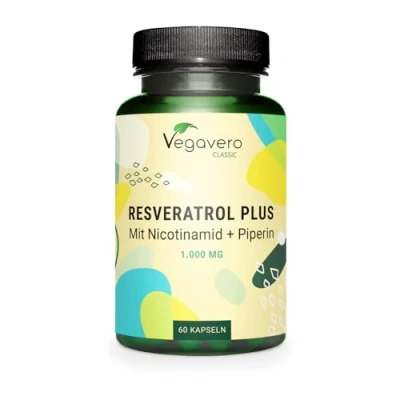 Abbildung von Resveratrol Vegavero® 1000 mg Trans (125:1) Plus Nicotinamid und Piperin 98% reines aus japanischem Staudenknöterich Ohne Zusatzstoffe 60 Kapseln Vegan