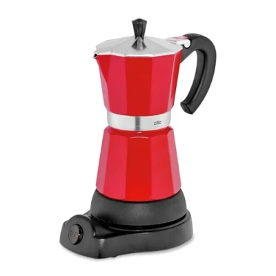 Abbildung von cilio Espressokocher CLASSICO für 6 Tassen / elektrisch 480W Ø 11,5 cm Höhe: 25 Aluminium Rot integrierte Herdplatte mit Warmhaltefunktion und Reduziersieb Reisen oder Camping