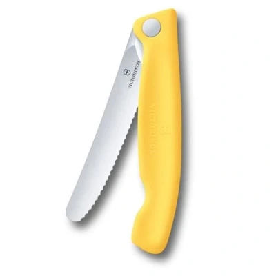 Abbildung von Victorinox Swiss Classic Faltbares Picknick Messer für Wanderungen, Obst, Gemüse, Brötchen, Wurst, mit Wellenschliff, Extra Scharf, Gelb