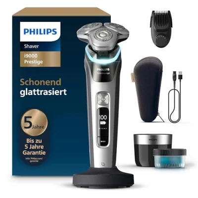 Abbildung von Philips Rasierer i9000 Prestige, Nass und Trockenrasierer für Männer mit integriertem Trimmer, grau silber, Drucksensor, Reinigungsstation, 5+1 Bartstyler, Ladestation &amp; Reiseetui (Modell XP9204/33)