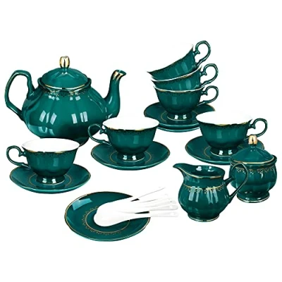 Abbildung von fanquare 21 Stück Vintage Porzellan Teeservice, Dunkelgrün Kaffeeservice mit Teekanne, Milchkanne, Zuckerdose, Untertassen und Löffeln für 6 Personen