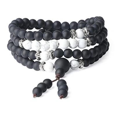 Abbildung von COAI Unisex 108 Mala Kette aus Mattem Onyx und Howlith Yin Yang Wickelarmband