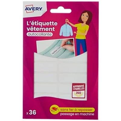 Abbildung von AVERY 108 Blanko Kleidungsetiketten, selbstklebend, beschreibbar, weiß, Familienset, 3 Beutel mit 36 Etiketten, Format 1,3 x 4,5 cm