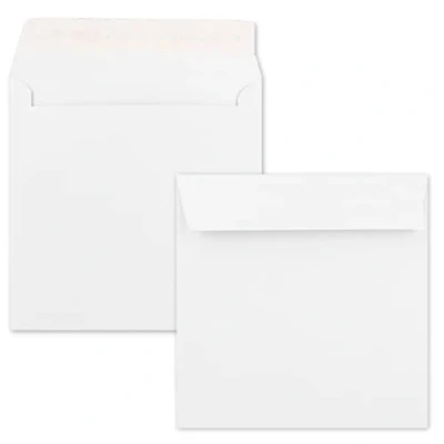 Abbildung von 75 quadratische Briefumschläge Farbe: Weiß 15,5 x cm (155 155 mm) Haftklebung mit gerader Klappe 120 Gramm/m² Marke: NEUSER PAPIER