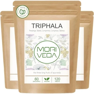 Abbildung von MoriVeda Triphala Presslinge hochdosiert, 1000mg vegan, aus Ayurveda Königsfrüchten Amla, Haritaki und Bibhitaki, 3x 120