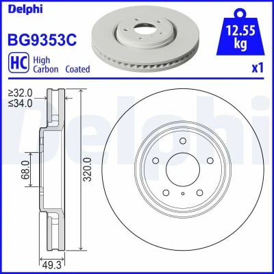 Abbildung von DELPHI BG9353C Bremsscheibe 320 34 5 Belüftet beschichtet hochgekohlt ohne Radlager, ABS Sensorring NISSAN: NP300 Navara Pickup