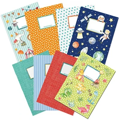 Abbildung von Papierdrachen 8 hochwertige Heftumschläge aus Papier für Kinder DIN A4 Motiv Weltall &amp; Dinos Heftschoner Heftumschlag 250g/m² Set Nummer 3