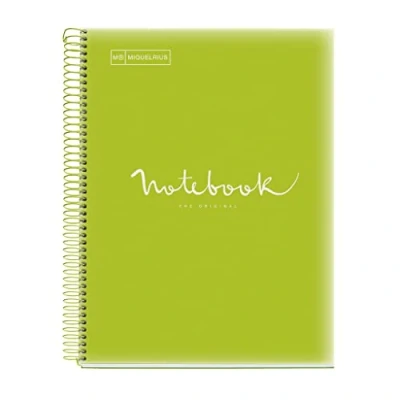 Abbildung von Miquelrius Notizbuch A4 Notizblock Emotionen, 160 Seiten 90 g/m², Raster 5 x mm, 8 farbige Streifen, Mikroperforierte Spirale, Polypropyleneinband, 4 Loch Lochung, Notizbuch, Limonengrün