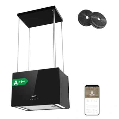 Abbildung von CIARRA CBCB4850 A+++ Inselhaube Umluft Dunstabzugshaube Insel Freihängend 48cm 700m3/h mit Smart Wi Fi App 4 Stufen Booster Glas Inselabzugshaube CBCF003 Aktivkohlefilter Schwarz