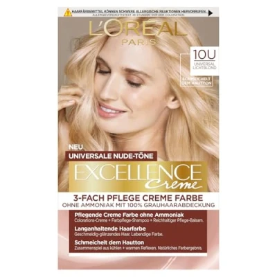Abbildung von L&#039;Oréal Paris Permanente Haarfarbe für jeden Hautton, Coloration ohne Ammoniak, Universale Nude Töne mit vollständiger Grauhaarabdeckung, Excellence Creme, Nr. 10U Lichtblond (Blond), 1 Stück
