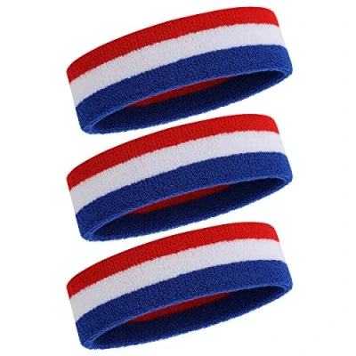 Abbildung von ONUPGO Schweißband Stirnband für Männer &amp; Frauen 3PCS Sports Stirnbänder Feuchtigkeitstransport Athletic Cotton Terry Cloth Schweißabsorbierende Kopfband (3 Blue/White/Red)