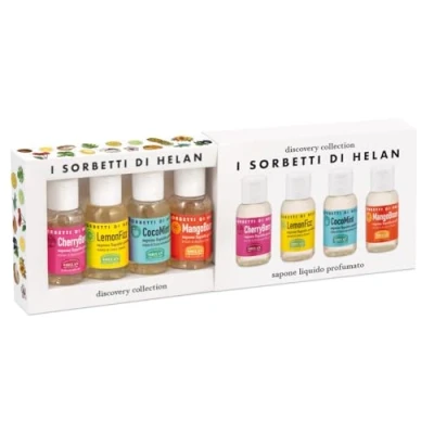 Abbildung von Helan I Sorbetti Flüssigseife, parfümierte Handseife, Set mit 4 Flaschen à 25 ml in Geschenkbox für Damen/Herren, Reisegröße, natürliches Reinigungsgel, mild Travel Essentials