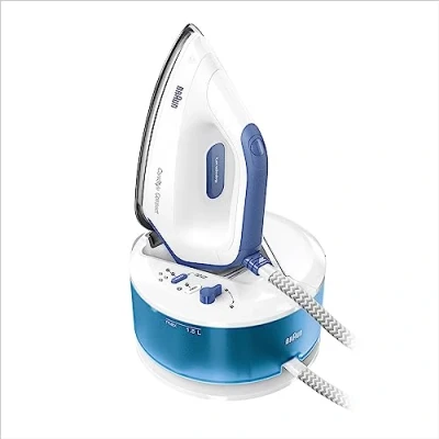 Abbildung von Braun CareStyle Compact IS 2143 BL Dampfbügelstation Dampfbügeleisen mit FreeGlide 3D Bügelsohle, Vertikaldampf, 2400 Watt, Pumpendruck 6 bar, Dampfstoß 400 g/min, großer 1,5 l Wassertank, Blau