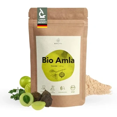 Abbildung von BIONUTRA® Bio Amla Pulver 250 g Amalaki (indische Stachelbeere), rückstandskontrolliert, vegan, ohne Zusätze, Rohkost, EU ÖKO zertifiziert, gluten &amp; laktosefrei, natürlicher Vitamin C Gehalt
