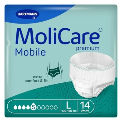 Abbildung von MoliCare premium Mobile 5 Tropfen Größe L, Inkontinenzhosen für Frauen und Männer mit mittlerer Inkontinenz, extra Auslaufschutz, fortschrittlicher Hautschutz, verbesserte Passform, 14 Stück