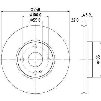 Abbildung von HELLA 8DD 355 131 821 Bremsscheibe 258 22 04/05 100 innenbelüftet beschichtet ohne Radlager, Radbefestigungsbolzen, Radnabe