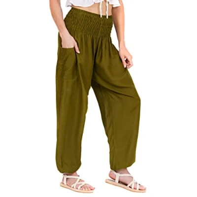 Abbildung von Lofbaz Damen Haremshose Yogahose Pumphose Hippie Hose Boho Kleidung Festival Outfit Sommerhose Leicht Sommer Hosen Solid 1 Dunkelgrün L