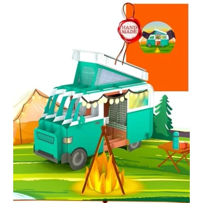 Abbildung von Liebessa 3D Pop Up Karte Camping mit Wohnwagen, Gutschein, Reisegutschein für Camper. Geschenkgutschein Campingplatz oder Reise. Natur, Berge &amp; Abenteuer erleben Wohnmobil.