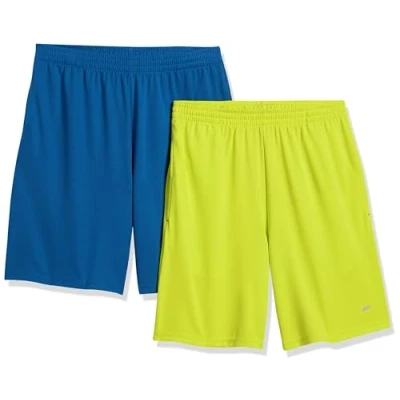 Abbildung von Amazon Essentials Herren Leichte Performance Funktionsshorts In Lockerer Passform (Erhältlich Übergrößen), 2er Pack, Blau/Neon hellgrün, XL