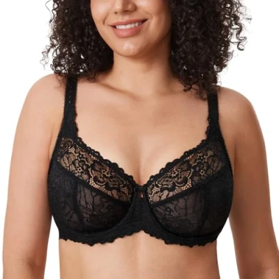 Abbildung von DELIMIRA Damen Minimizer BH Große Größen ohne Polster Vollschalen mit Spitze Schwarz 80D