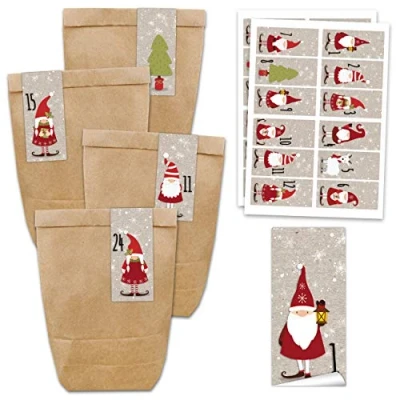 Abbildung von Papierdrachen Adventskalender Set 24 braune Papiertüten und eckige Zahlenaufkleber mit Nikolaus zum Selbermachen Befüllen Mini Nr 62 Weihnachten