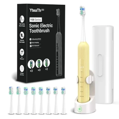 Abbildung von Elektrische Zahnbürste, Schallzahnbürste für Erwachsene und Kinder, Electric Toothbrush mit 5 Putzmodi 3 Intensitätsstufen Integrierter Timer 8 Zahnbürstenköpfen, Reiseetui, Hellgelb