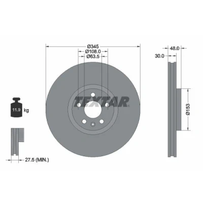 Abbildung von TEXTAR 92289805 Bremsscheibe 345 30 05/06 108 innenbelüftet beschichtet hochgekohlt ohne Radbefestigungsbolzen, Radnabe VOLVO: XC90 II