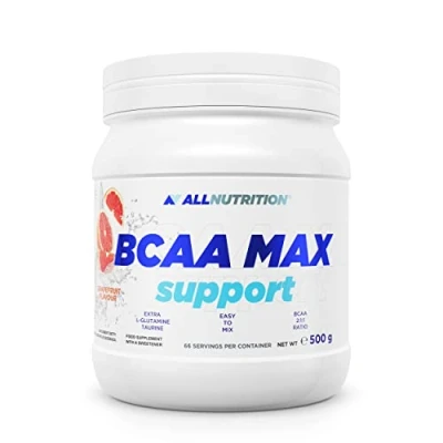 Abbildung von ALLNUTRITION BCAA Max Support Pulver/Kapseln Komplex aus verzweigtkettigen Aminosäuren Glutamin Taurin Leucin Valin Isoleucin Muskelregeneration 500 g Grapefruit