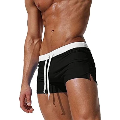 Abbildung von TMEOG Badeshorts für Herren Badehose Kurz Badehosen Männer Eng Schwimmhose Boxer Badepants Wassersport Kurze Hose Schnelltrocknende Strandshorts mit Reissverschluss (EU L/Tag XL, Schwarz)