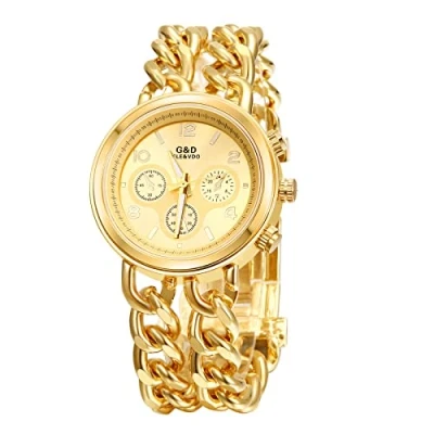 Abbildung von JewelryWe Uhren Damen Analog Quarz 30m wasserdichte Armbanduhr Elegant Beiläufige Uhr Damenuhr mit Edelstahl Doppelt Panzerkette Armband Gold