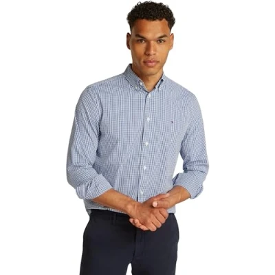 Abbildung von Tommy Hilfiger Herren Flex POPLIN Gingham RF MW0MW37548 L/S Shirt, Blue (Wedge Blue/Optic White), XXL