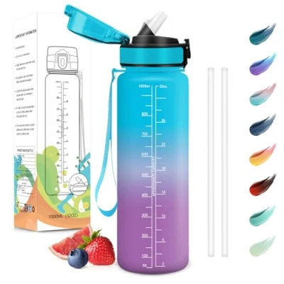 Abbildung von Motswedi Trinkflasche, 1000ml BPA Frei, Trinkflasche mit Strohhalm, Kohlensäure Geeignet,Trinkflasche Sport, Auslaufsicher, Wasserflasche, Sport für Yoga, Gym, Schule, Outdoors, Blau Lila