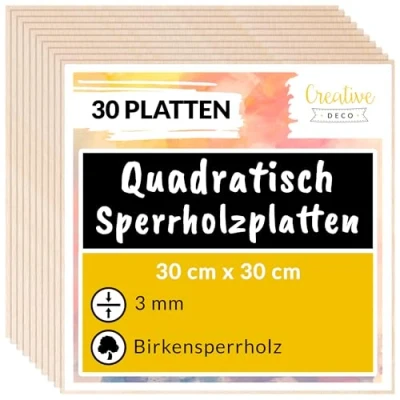 Abbildung von Creative Deco 30 Quadratische Sperrholzplatte 3mm 300 x (+/ 0,5) mm Birkensperrholz Dünne holz Zuschnitte Perfektes Blatt für Laubsäge Brandmalerei Laserschnitt CNC Router