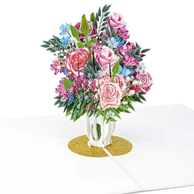 Abbildung von LIMAH® Pop Up 3D Grußkarte/PopUp Blumen Karte zum Geburtstag für Sie, Muttertag, Valentinstag, Hochzeit/Rosen in einer Vase Motiv/in Rot Weiss mit Glitzer