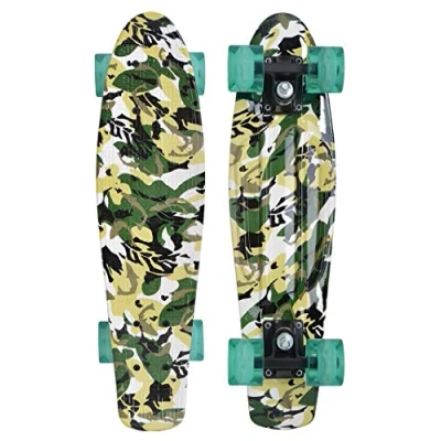 Abbildung von Schildkröt Unisex Erwachsene Retro Skateboard Free Spirit, Premium Beach Board mit coolem Deckdesign, leuchtende LED Rollen, Design: Camouflage, 510781, One Size