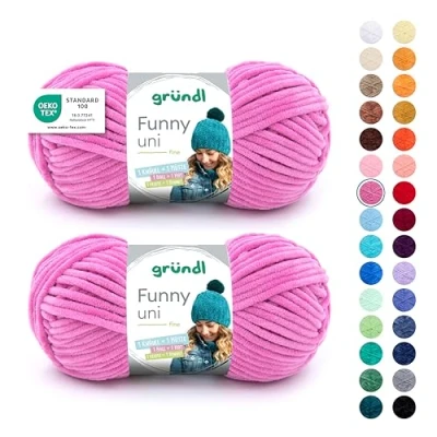 Abbildung von Gründl Wolle Funny uni, weiches Chneillegarn zum Stricken und Häkeln aus 100% Polyester, 2 Knäuel (100 g/ 120 m, Nadelstärke: 5 6), Fuchsia