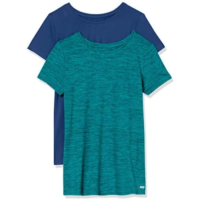 Abbildung von Amazon Essentials Damen Active Quick Dry Tech Stretch Kurzarm T Shirt mit Rundhalsausschnitt (in Übergröße erhältlich), 2er Pack, Blau/Blaugrün Space dye, XL