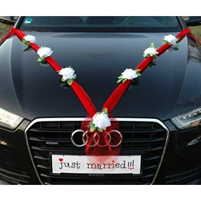 Abbildung von Organza M Auto Schmuck Braut Paar Rose Deko Dekoration Hochzeit Car Wedding Girlande PKW (Reinweiß/Rot)